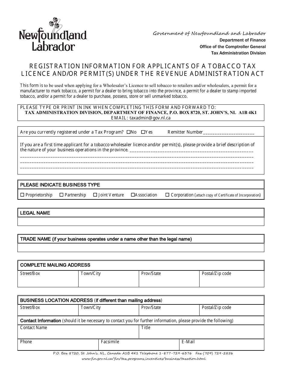 Registration Information for Applicants of a Tobacco Tax Licence and / or Permit(S) Under the Revenue Administration Act - Newfoundland and Labrador, Canada, Page 1