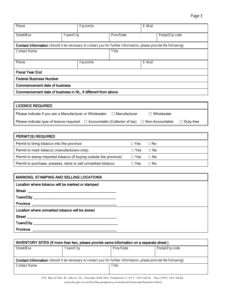 Registration Information for Applicants of a Tobacco Tax Licence and / or Permit(S) Under the Revenue Administration Act - Newfoundland and Labrador, Canada, Page 3