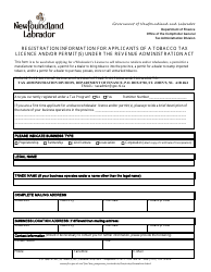 Document preview: Registration Information for Applicants of a Tobacco Tax Licence and/or Permit(S) Under the Revenue Administration Act - Newfoundland and Labrador, Canada