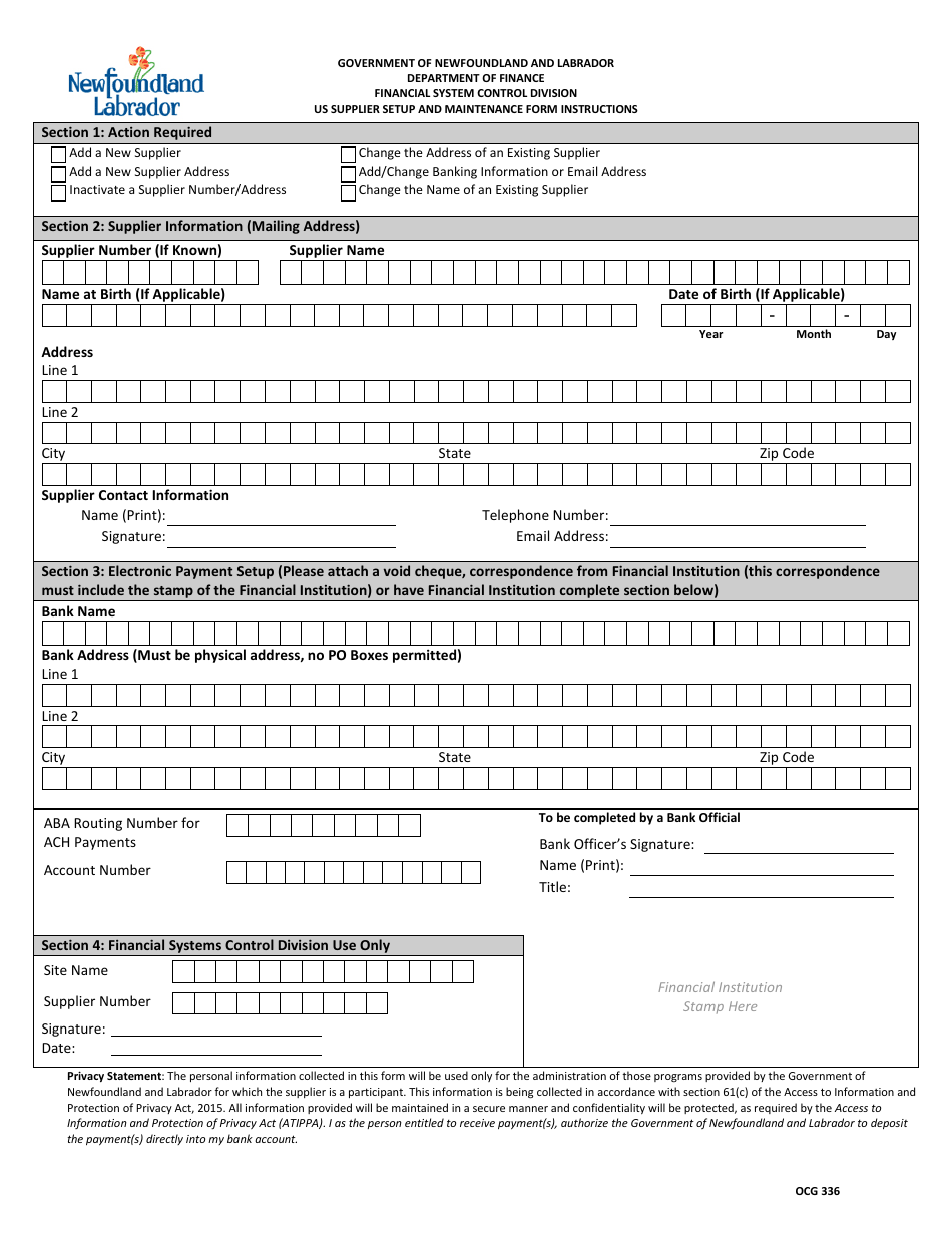 Form OCG336 US Supplier Setup and Maintenance Form - Newfoundland and Labrador, Canada, Page 1