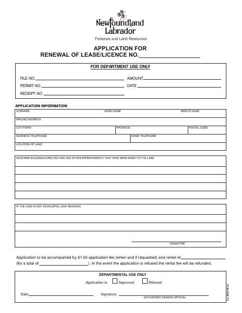 Form CL-0003 Application for Renewal of Lease/Licence - Newfoundland and Labrador, Canada