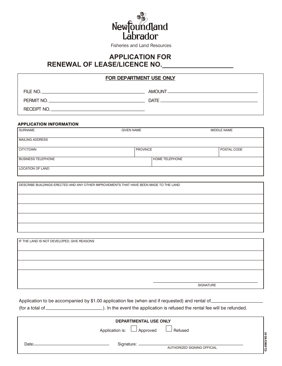 Form CL-0003 Application for Renewal of Lease / Licence - Newfoundland and Labrador, Canada, Page 1