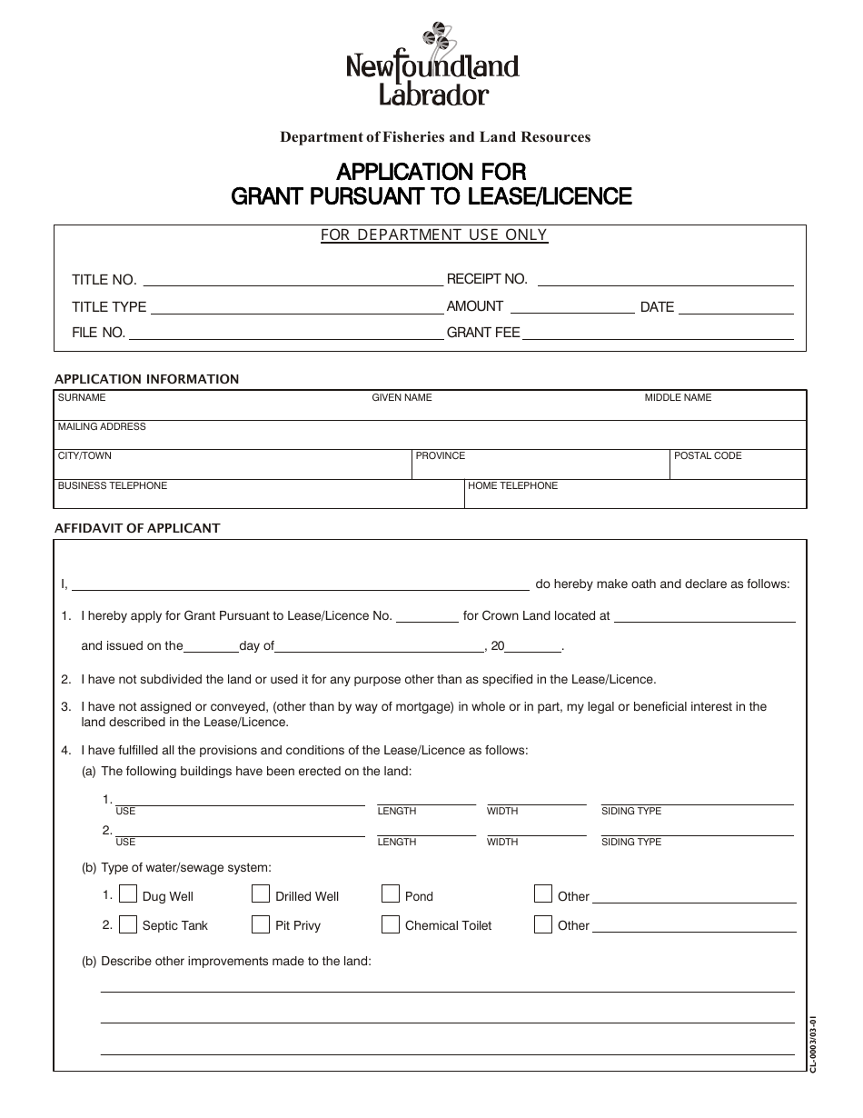 Form CL-0003 Application for Grant Pursuant to Lease/Licence - Newfoundland and Labrador, Canada, Page 1