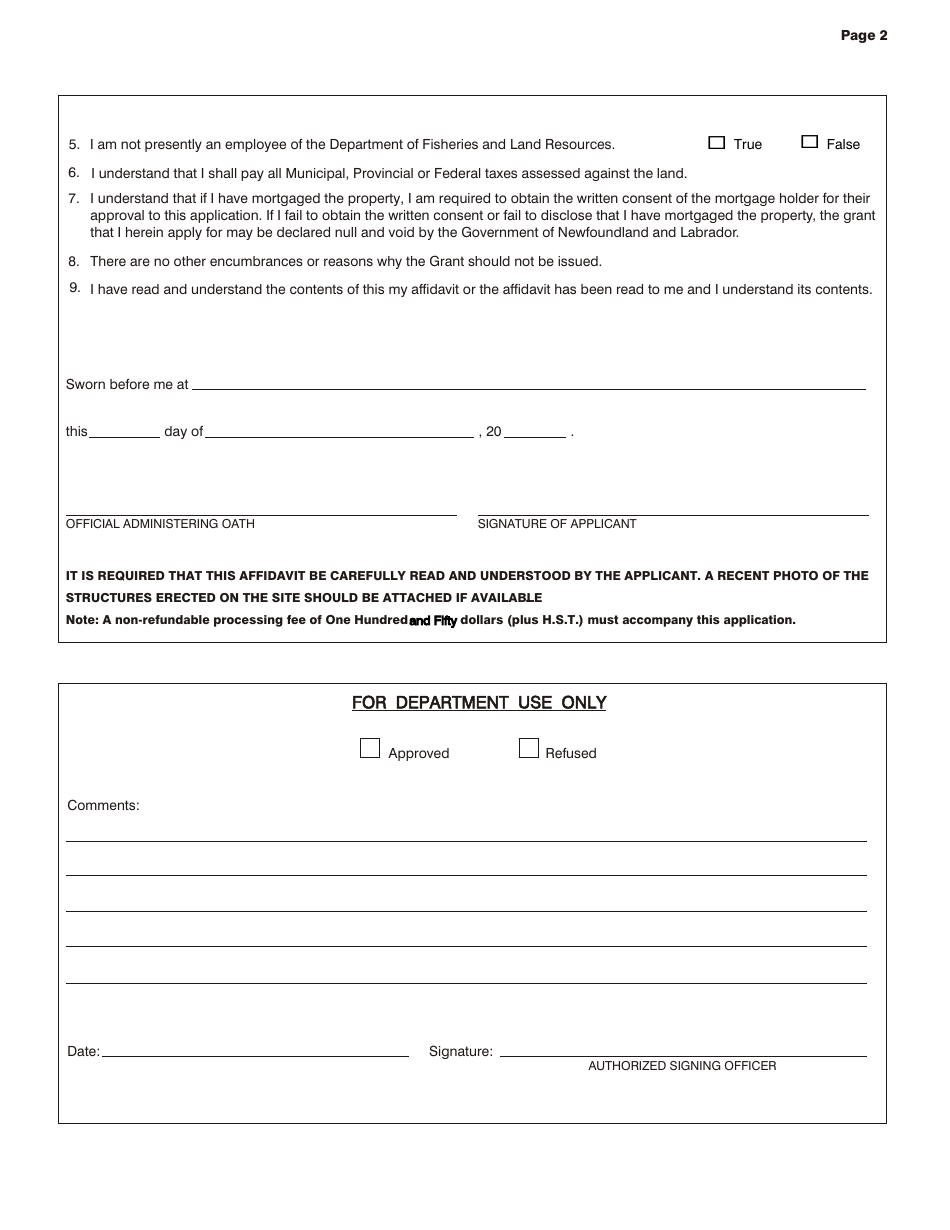 Form CL-0003 Application for Grant Pursuant to Lease / Licence - Newfoundland and Labrador, Canada, Page 2