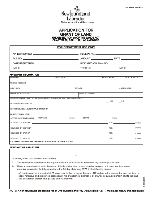 Form CL-0004 Application for Grant of Land - Newfoundland and Labrador, Canada
