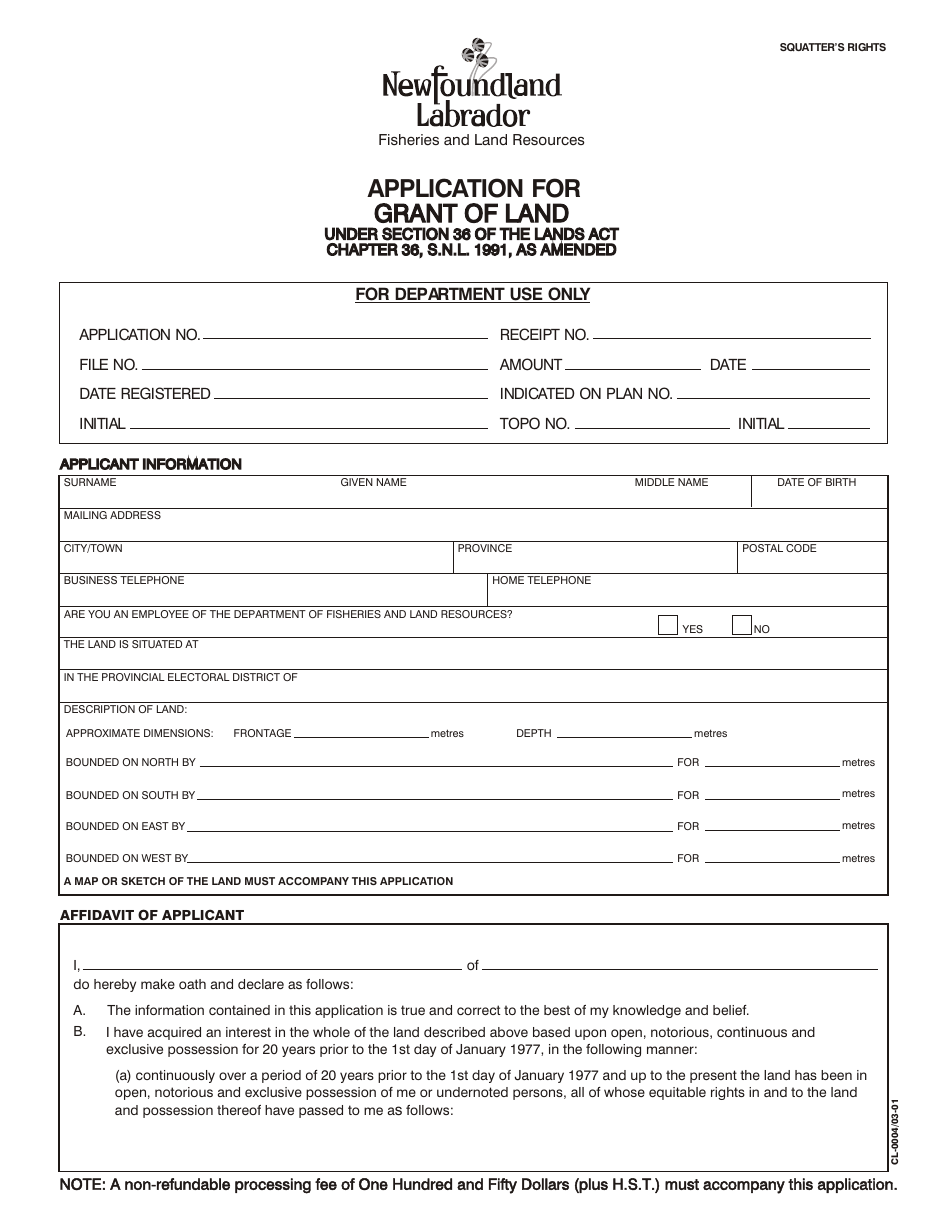 Form CL-0004 Application for Grant of Land - Newfoundland and Labrador, Canada, Page 1