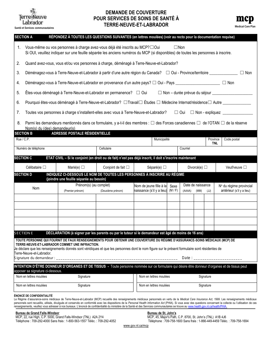 Demande De Couverture Pour Services De Soins De Sante a Terre-Neuve-Et-Labrador - Newfoundland and Labrador, Canada (French), Page 2