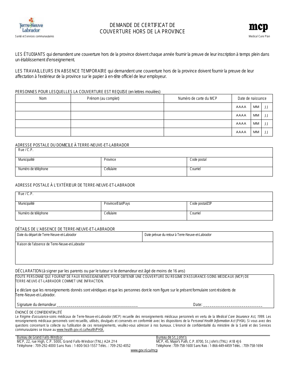 Demande De Certificat De Couverture Hors De La Province - Newfoundland and Labrador, Canada (French), Page 1