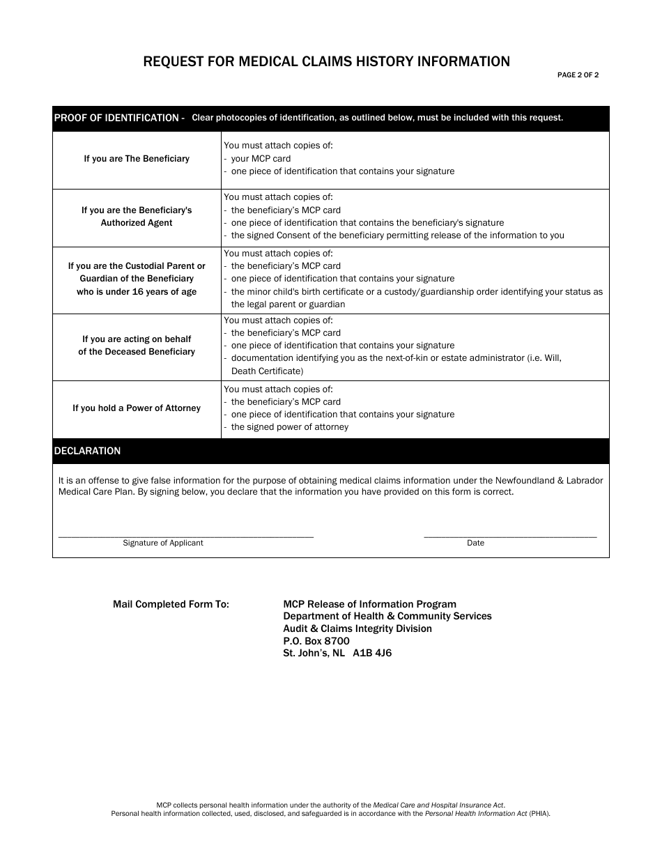 Request for Medical Claims History Information - Newfoundland and Labrador, Canada, Page 2