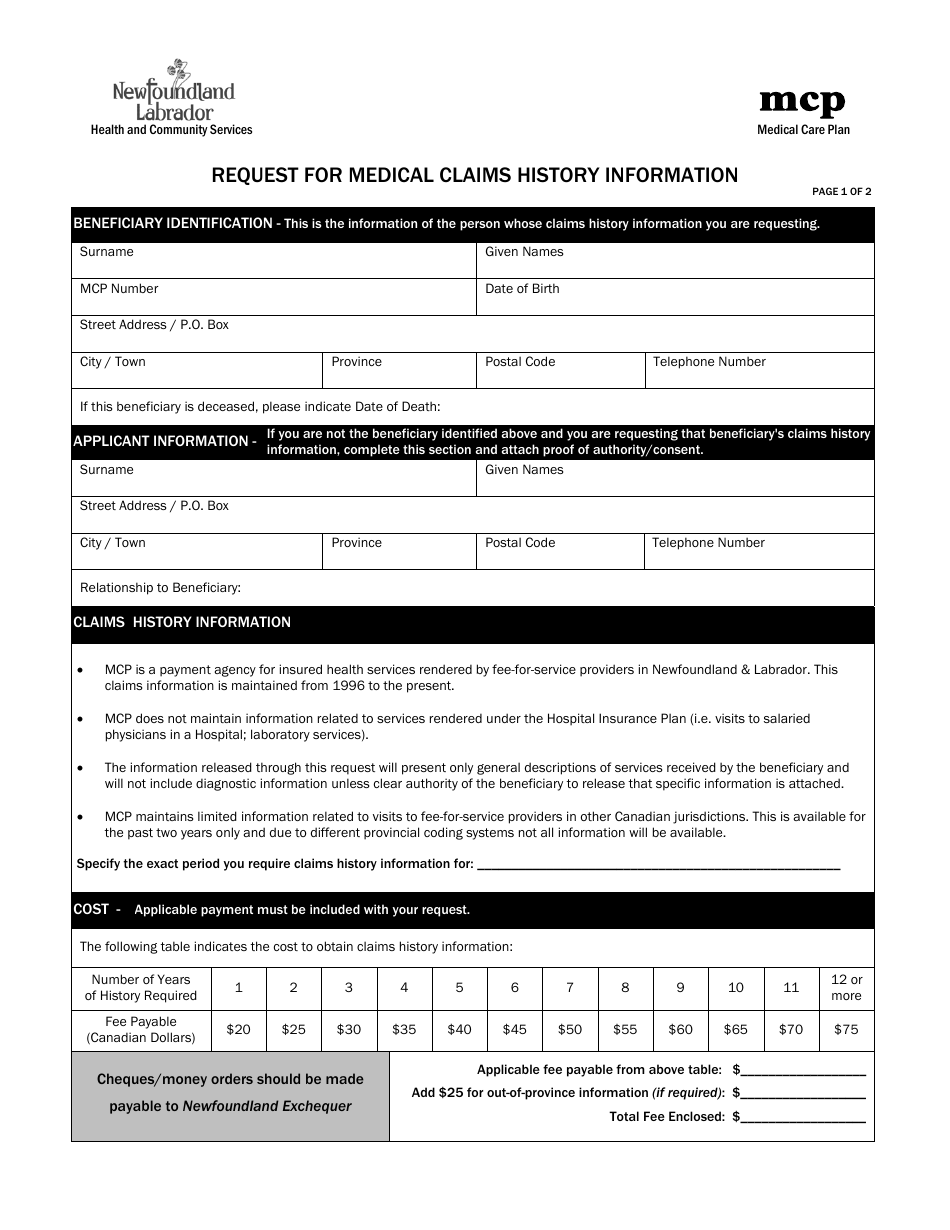 Newfoundland and Labrador Canada Request for Medical Claims History