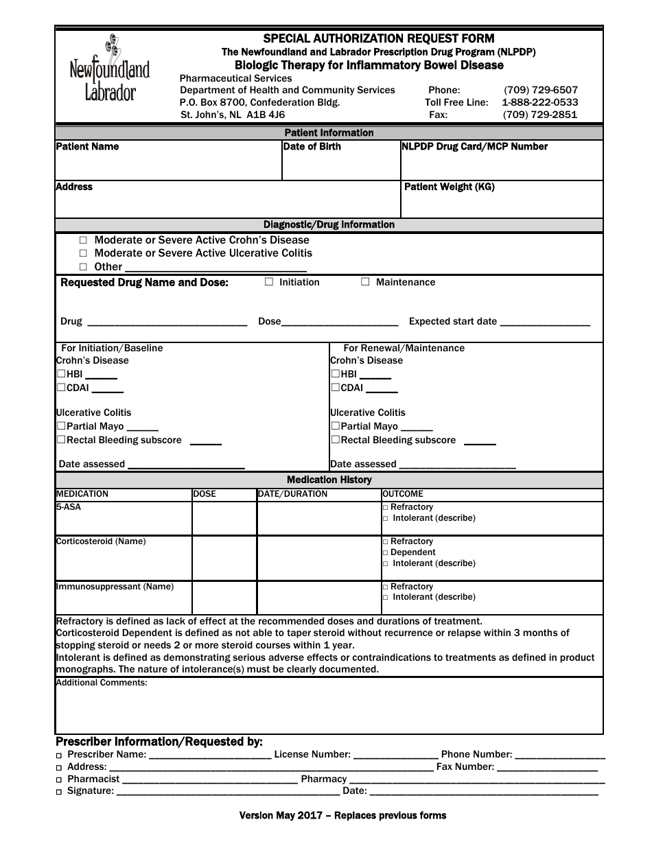 Special Authorization Request Form - Biologic Therapy for Inflammatory Bowel Disease - Newfoundland and Labrador, Canada, Page 1