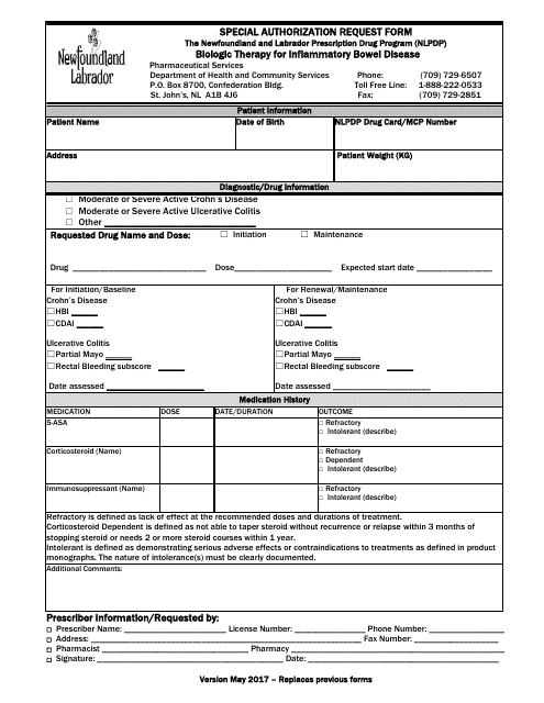 Special Authorization Request Form - Biologic Therapy for Inflammatory Bowel Disease - Newfoundland and Labrador, Canada Download Pdf