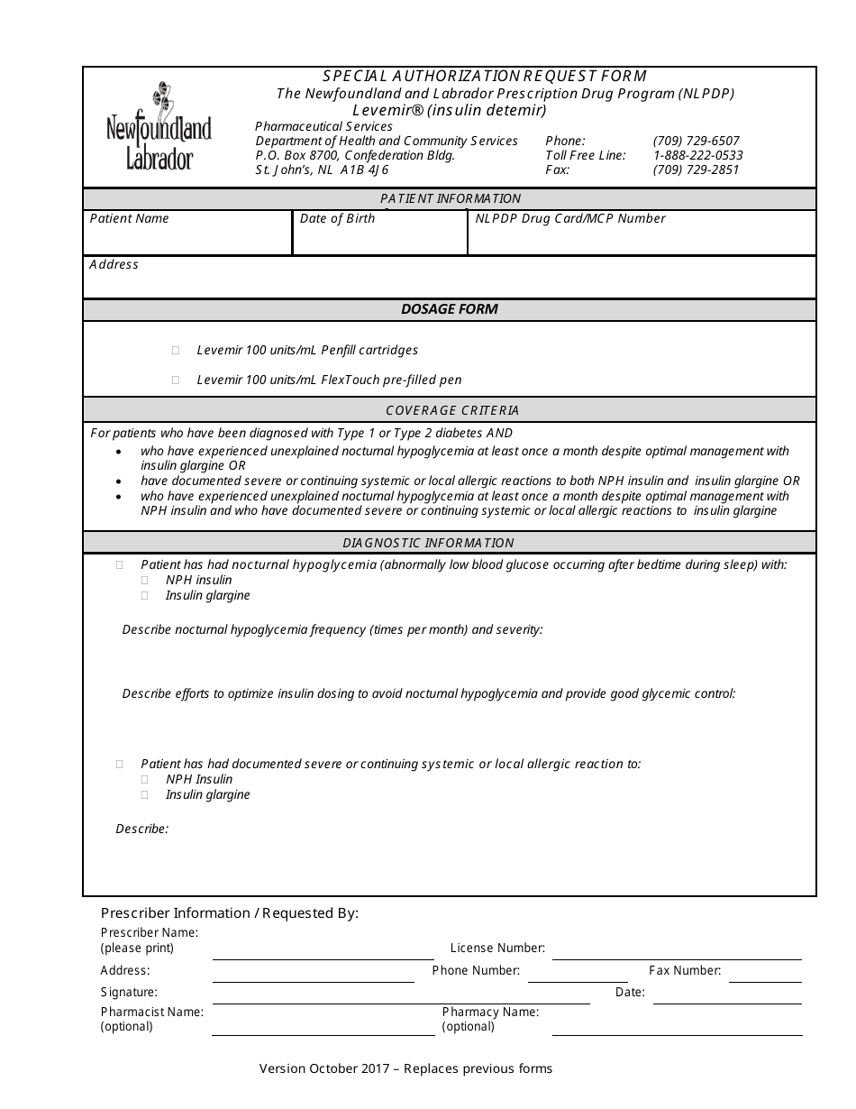 Special Authorization Request Form - Levemir (Insulin Detemir) - Newfoundland and Labrador, Canada, Page 1