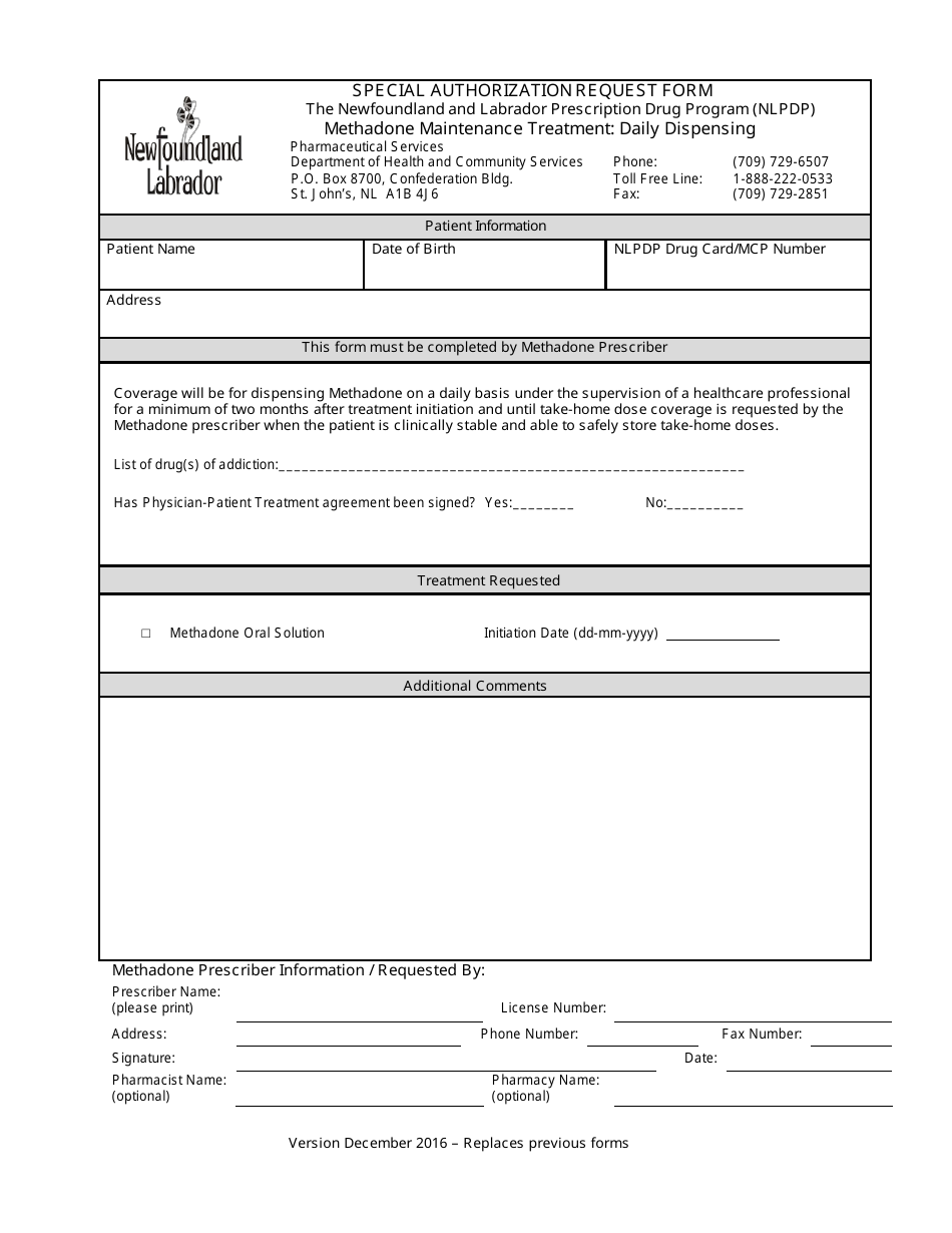 Special Authorization Request Form - Methadone Maintenance Treatment: Daily Dispensing - Newfoundland and Labrador, Canada, Page 1