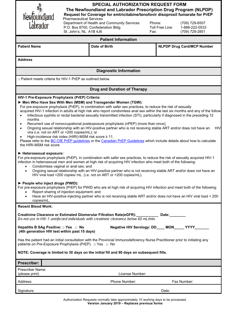Special Authorization Request Form - Request for Coverage for Emtricitabine / Tenofovir Disoproxil Fumarate for Prep - Newfoundland and Labrador, Canada, Page 1