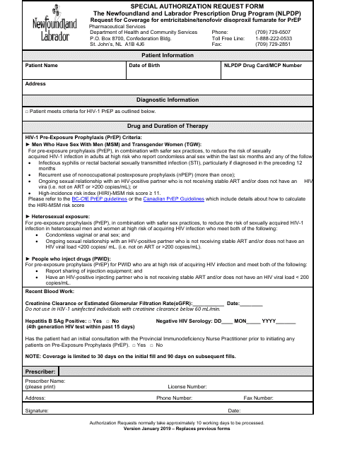 Special Authorization Request Form - Request for Coverage for Emtricitabine / Tenofovir Disoproxil Fumarate for Prep - Newfoundland and Labrador, Canada Download Pdf