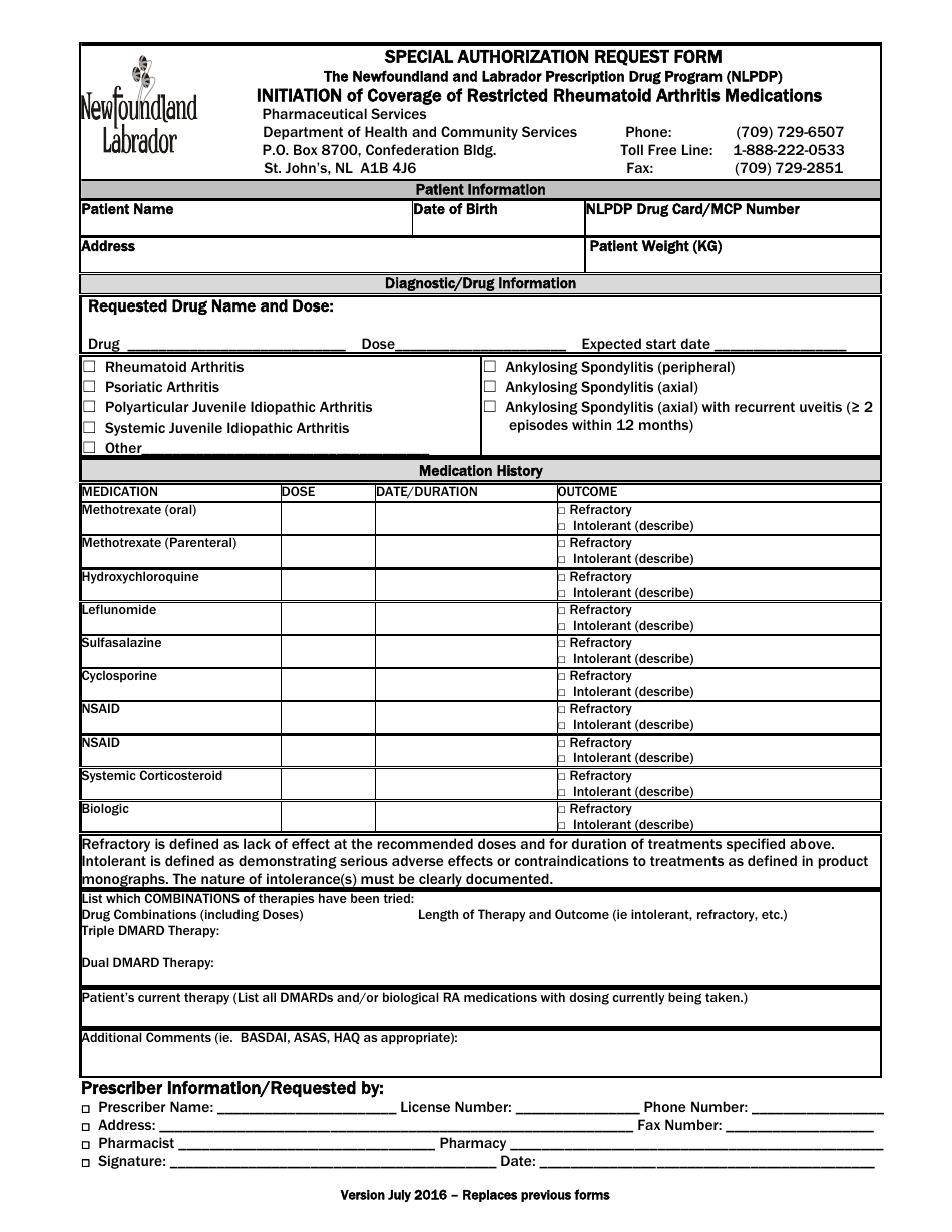 Special Authorization Request Form - Initiation of Coverage of Restricted Rheumatoid Arthritis Medications - Newfoundland and Labrador, Canada, Page 1