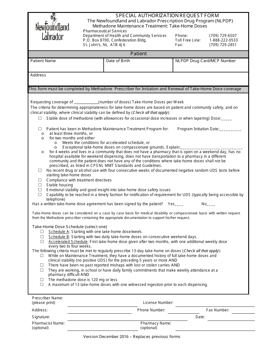 Special Authorization Request Form - Methadone Maintenance Treatment: Take-Home Doses - Newfoundland and Labrador, Canada, Page 1