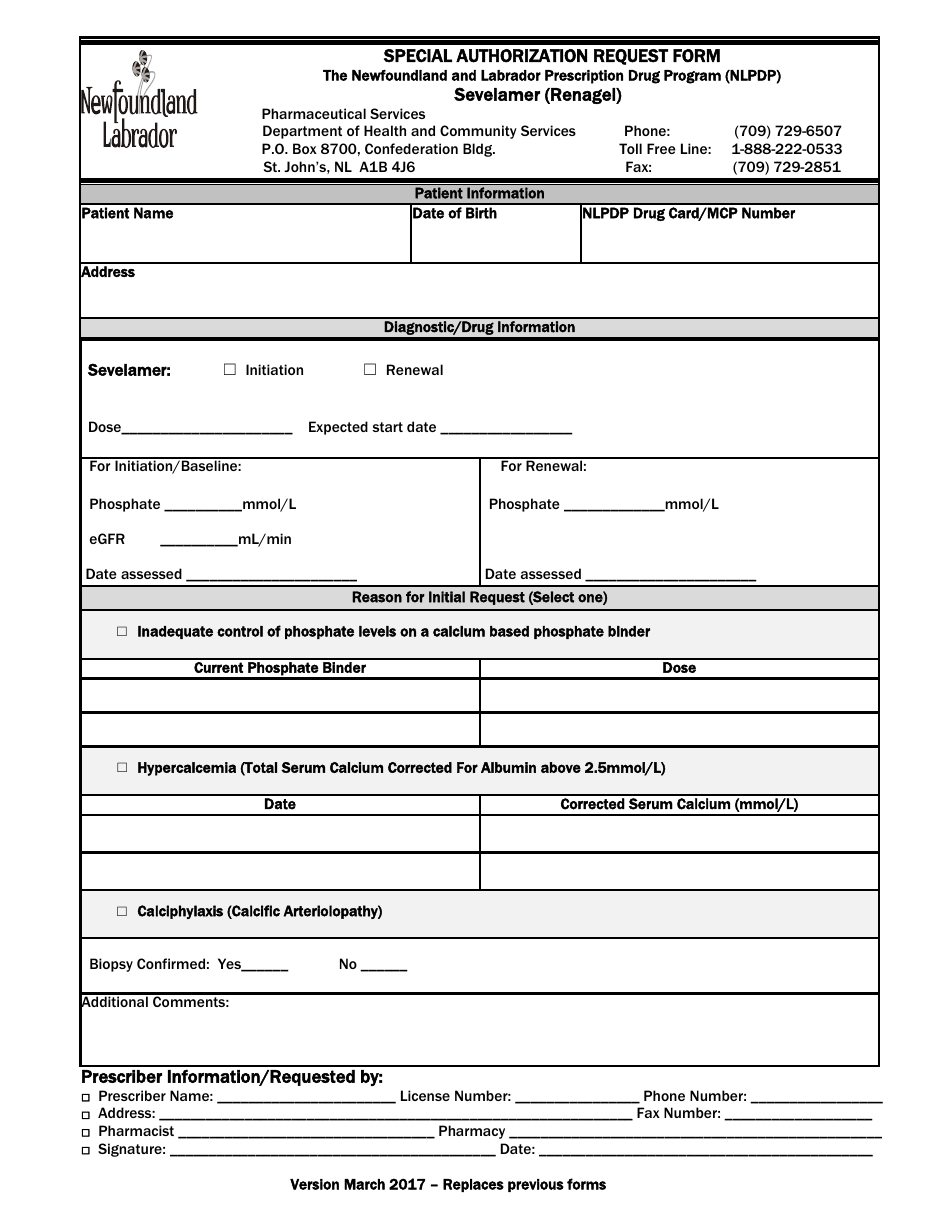 Special Authorization Request Form - Sevelamer (Renagel) - Newfoundland and Labrador, Canada, Page 1