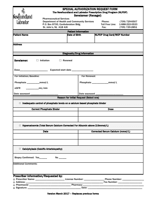 Special Authorization Request Form - Sevelamer (Renagel) - Newfoundland and Labrador, Canada
