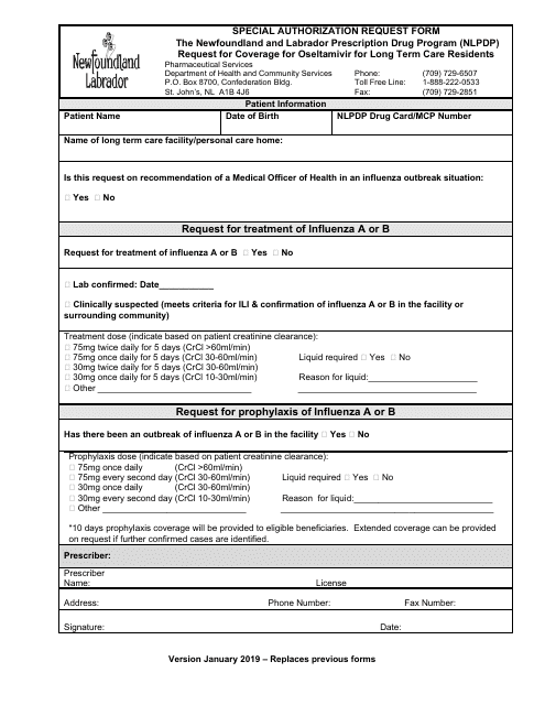 Special Authorization Request Form - Request for Coverage for Oseltamivir for Long Term Care Residents - Newfoundland and Labrador, Canada Download Pdf
