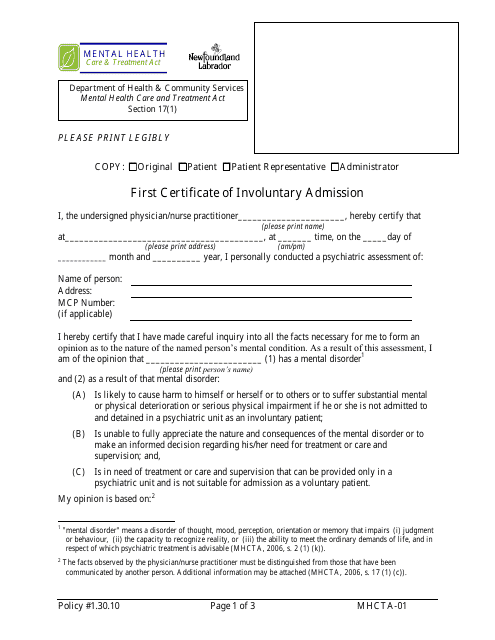 Form MHCTA-01 First Certificate of Involuntary Admission - Newfoundland and Labrador, Canada