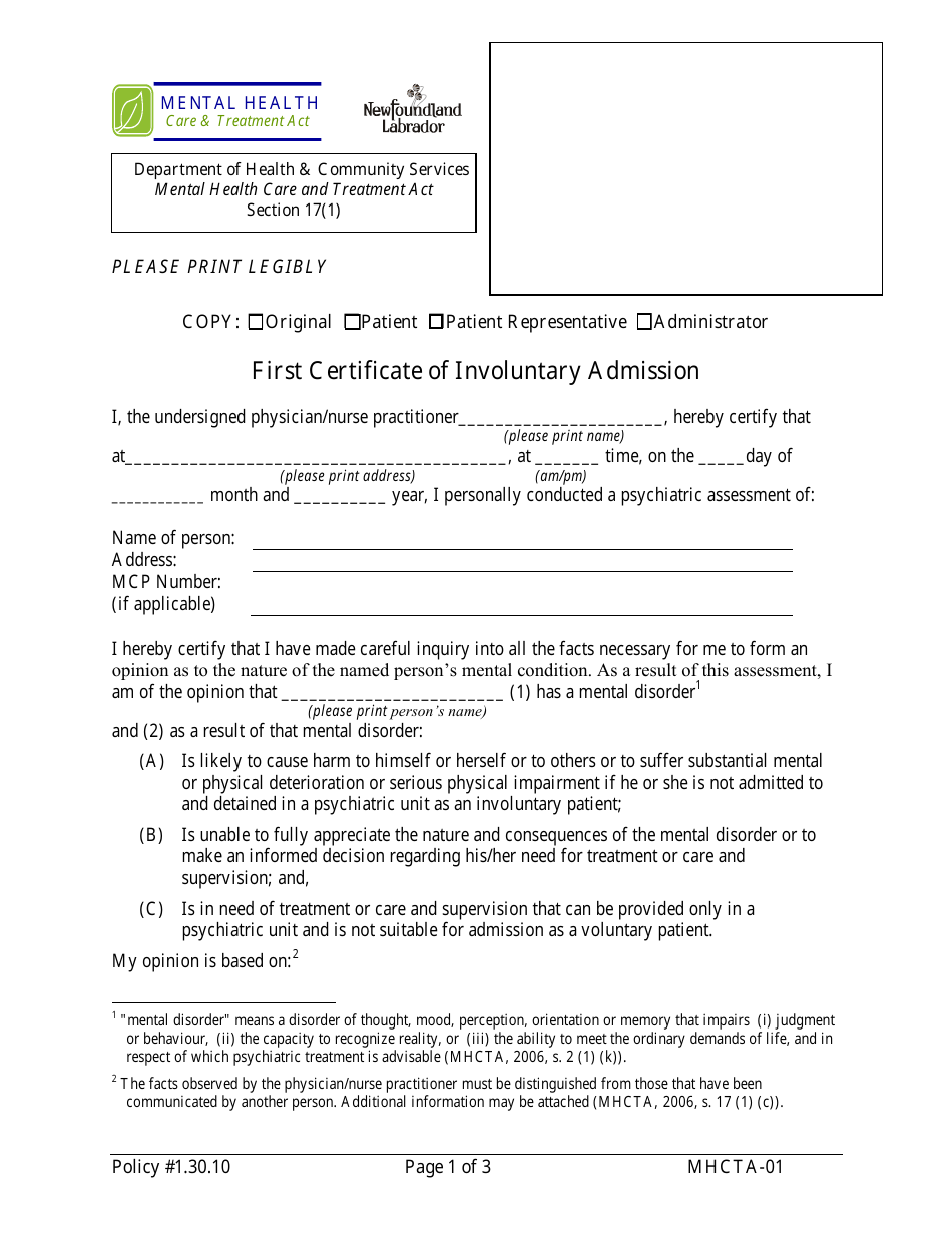 Form MHCTA-01 First Certificate of Involuntary Admission - Newfoundland and Labrador, Canada, Page 1