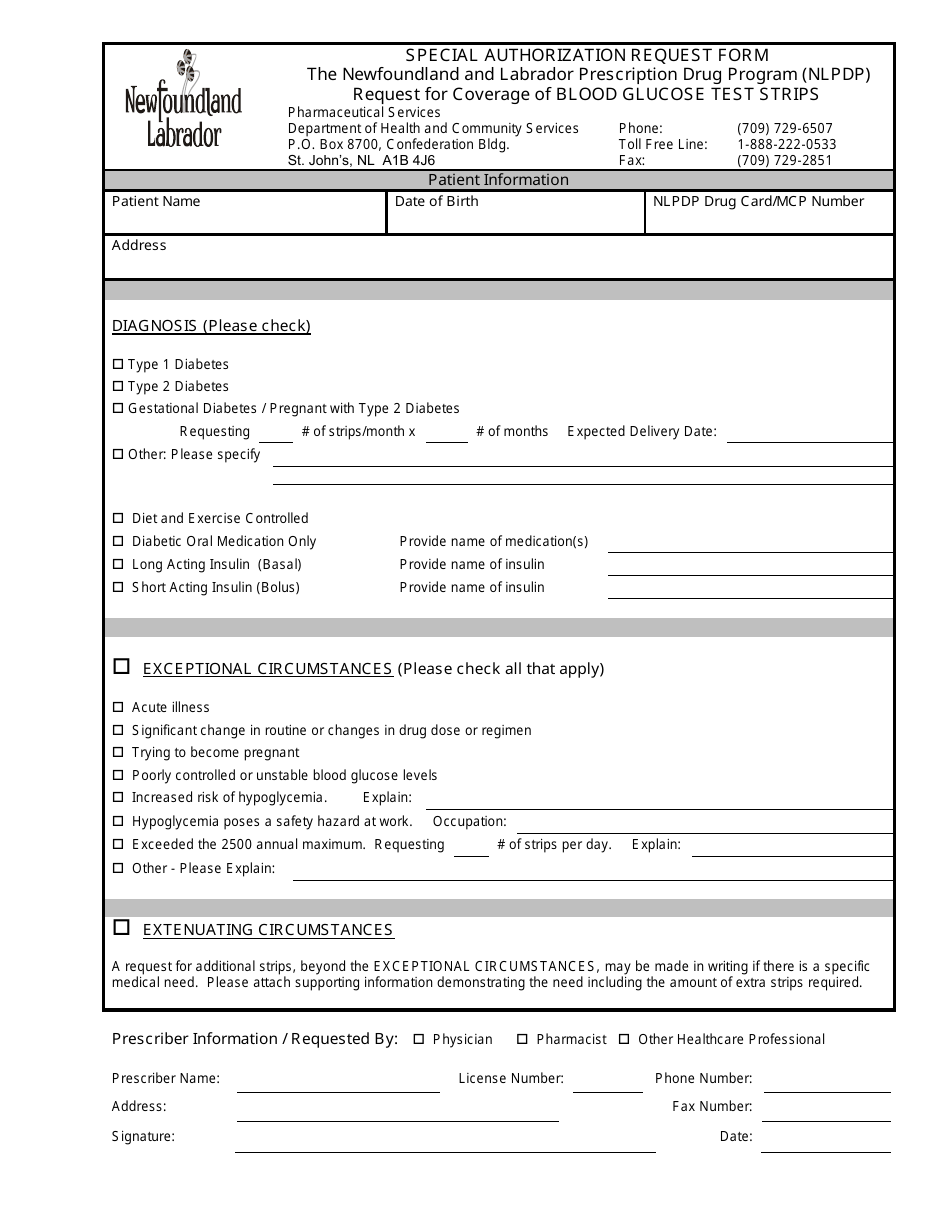 Special Authorization Request Form - Request for Coverage of Blood Glucose Test Strips - Newfoundland and Labrador, Canada, Page 1