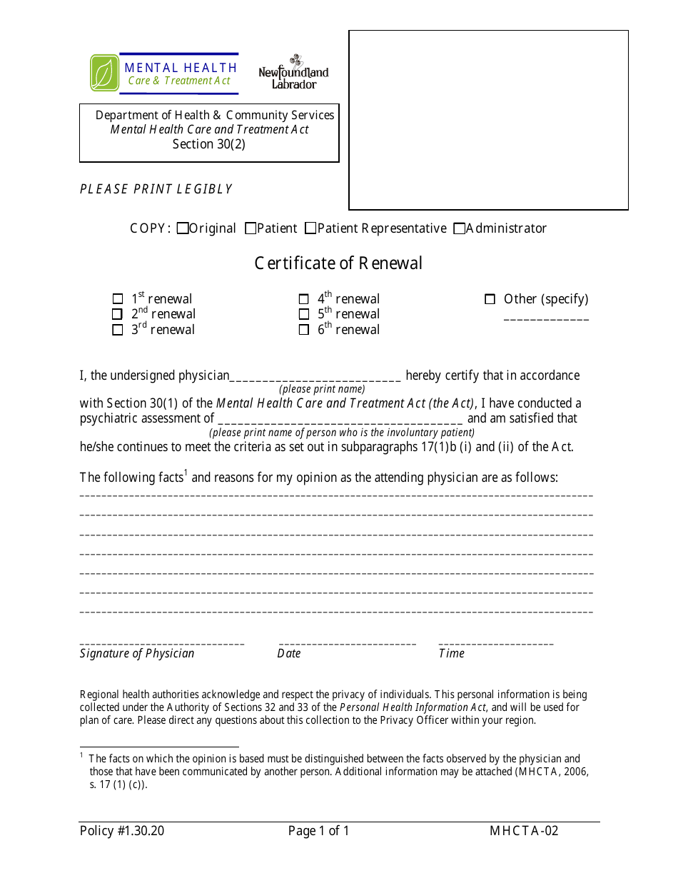 Form MHCTA-02 Certificate of Renewal - Newfoundland and Labrador, Canada, Page 1