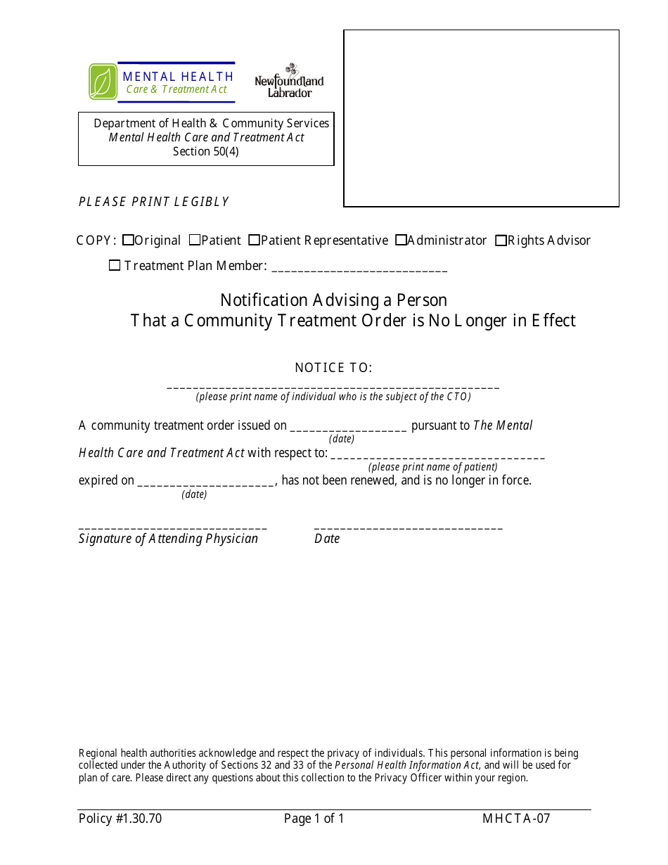 Form MHCTA-07 Notification Advising a Person That a Community Treatment Order Is No Longer in Effect - Newfoundland and Labrador, Canada, Page 1