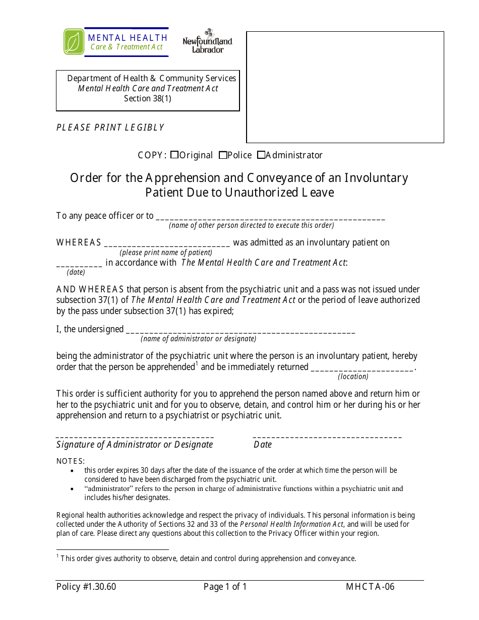 Form MHCTA-06 Order for the Apprehension and Conveyance of an Involuntary Patient Due to Unauthorized Leave - Newfoundland and Labrador, Canada, Page 1