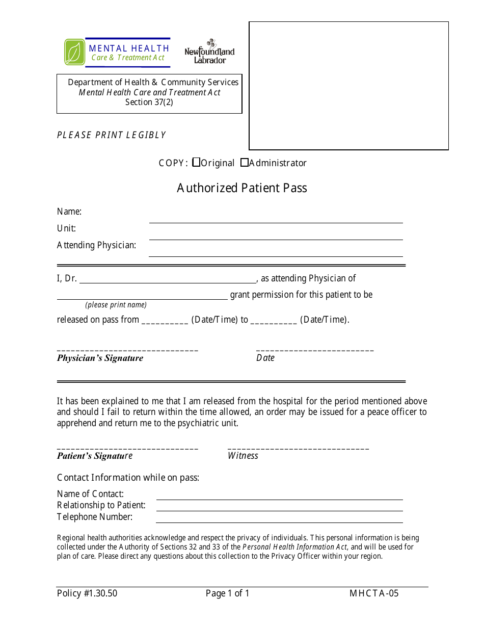 Form MHCTA-05 Authorized Patient Pass - Newfoundland and Labrador, Canada, Page 1