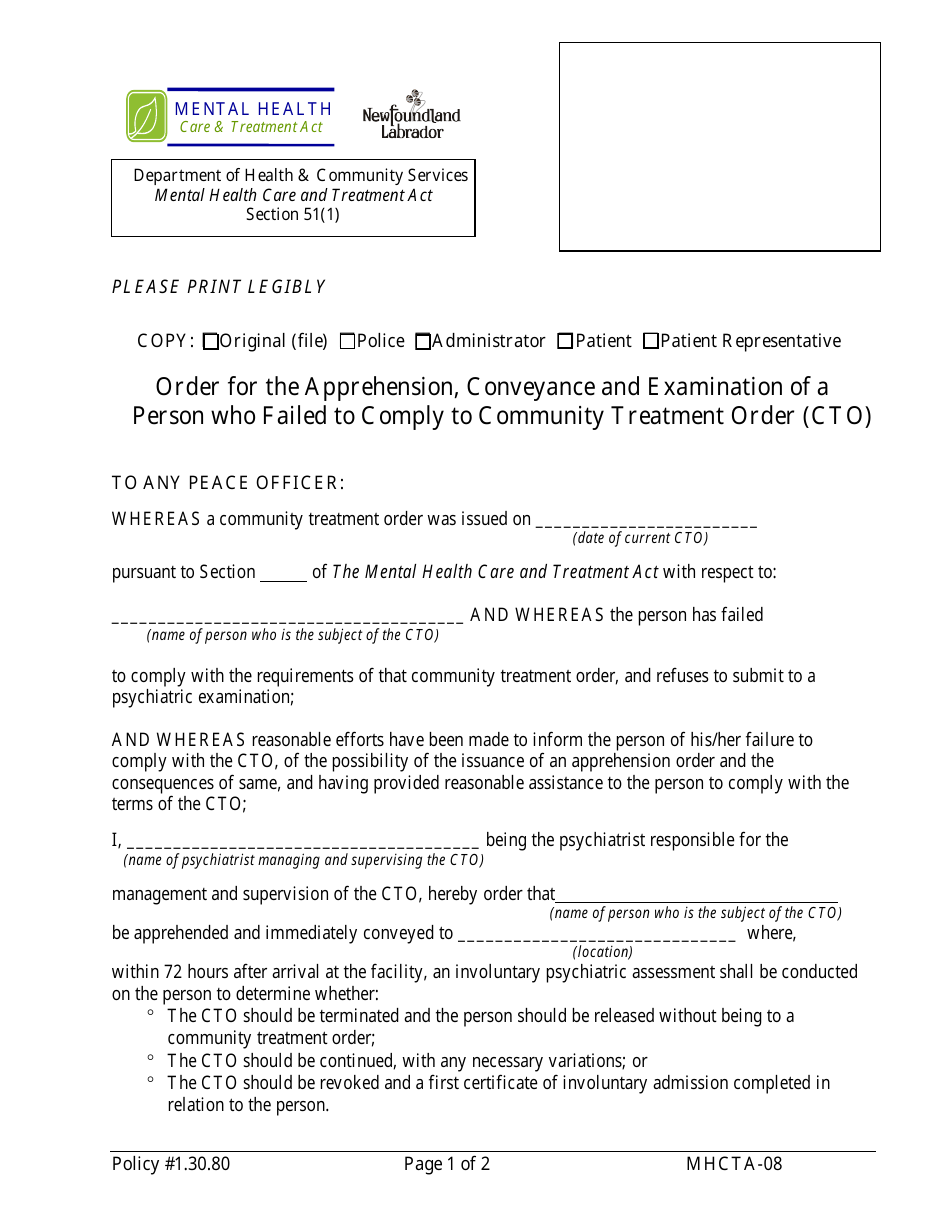 Form MHCTA-08 Order for the Apprehension, Conveyance and Examination of a Person Who Failed to Comply to Community Treatment Order (Cto) - Newfoundland and Labrador, Canada, Page 1
