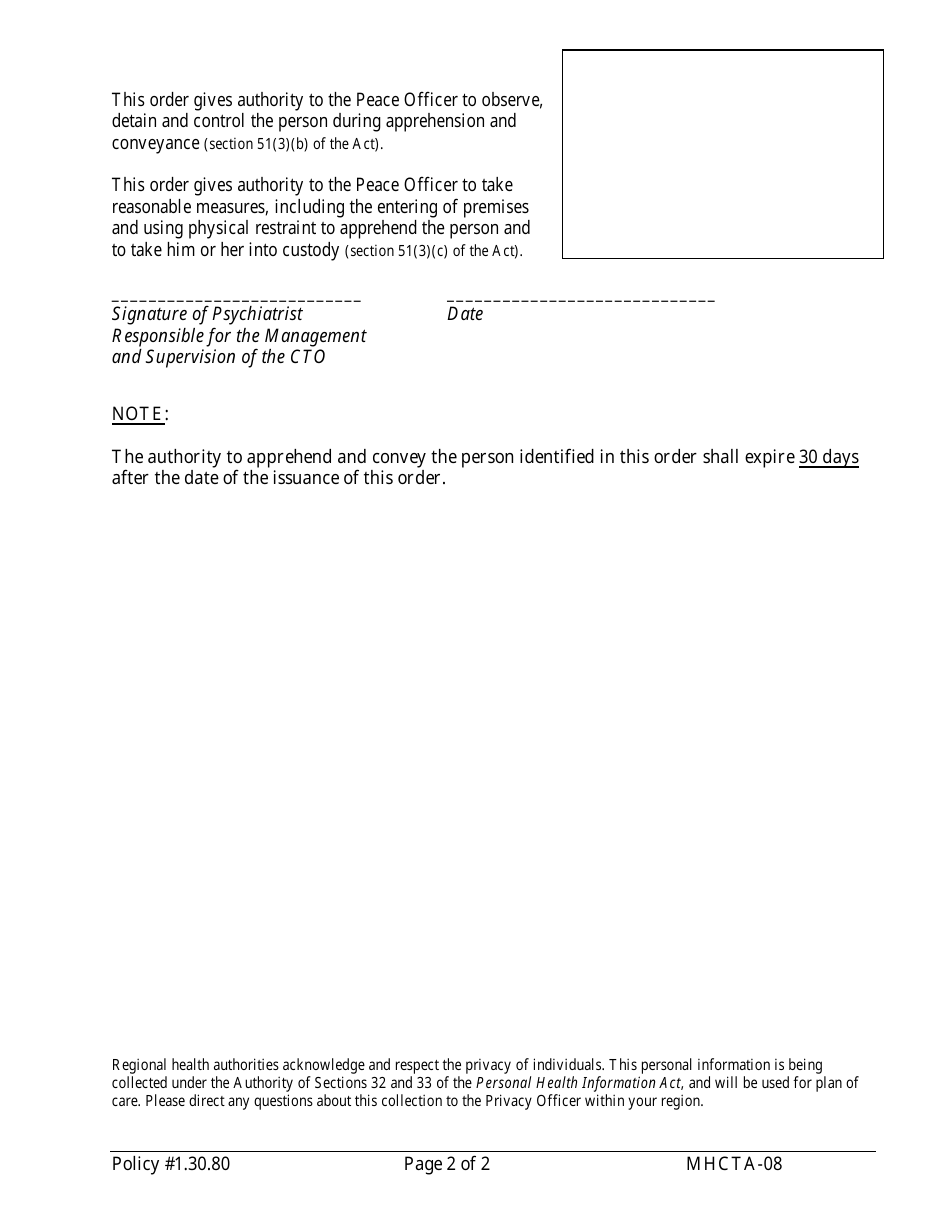 Form MHCTA-08 Order for the Apprehension, Conveyance and Examination of a Person Who Failed to Comply to Community Treatment Order (Cto) - Newfoundland and Labrador, Canada, Page 2