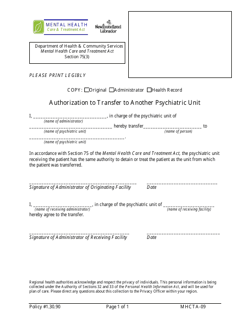 Form MHCTA-09 Authorization to Transfer to Another Psychiatric Unit - Newfoundland and Labrador, Canada