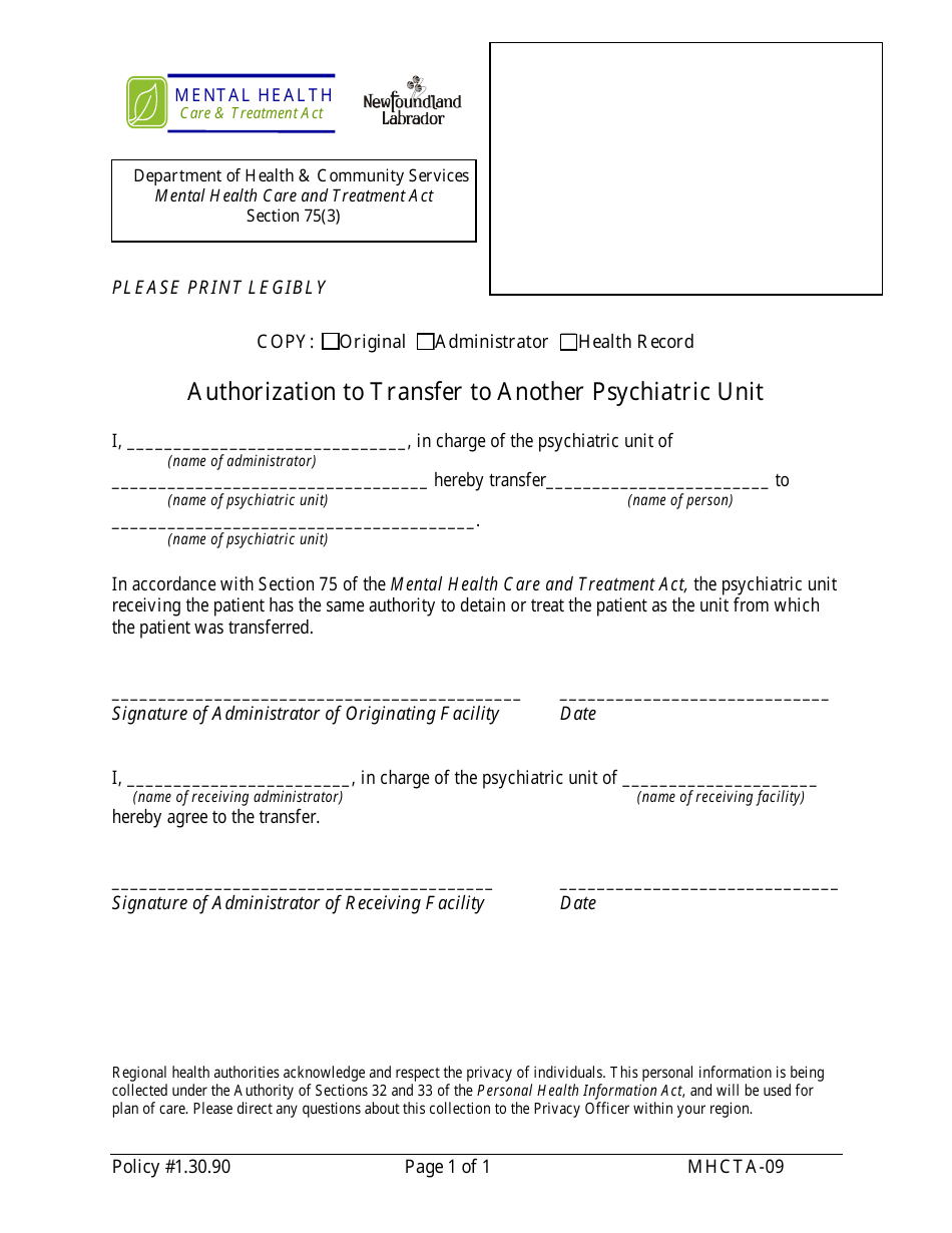 Form MHCTA-09 Authorization to Transfer to Another Psychiatric Unit - Newfoundland and Labrador, Canada, Page 1