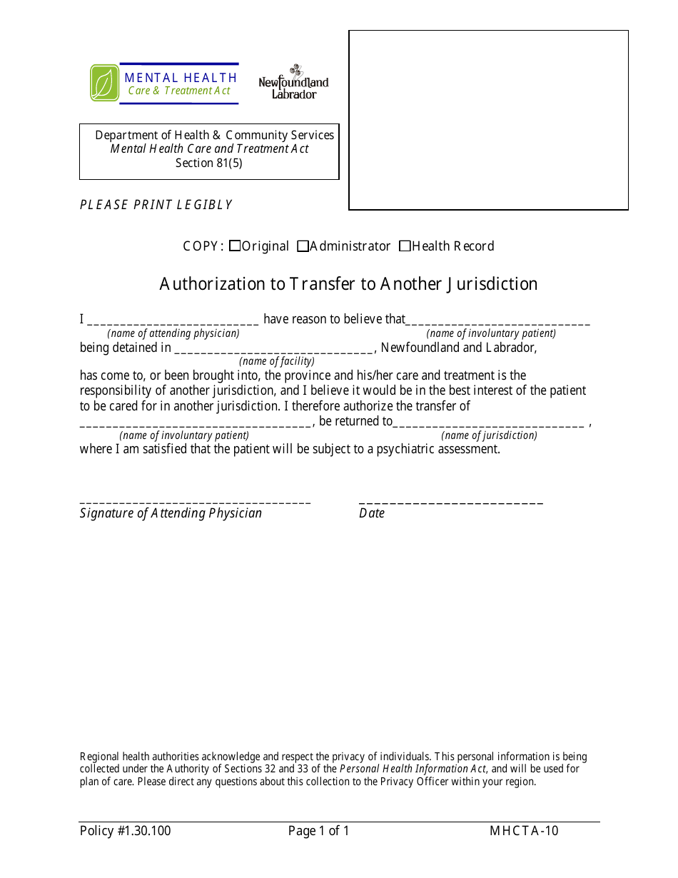 Form MHCTA-10 Authorization to Transfer to Another Jurisdiction - Newfoundland and Labrador, Canada, Page 1