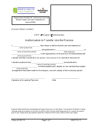 Form MHCTA-11 &quot;Authorization to Transfer Into the Province&quot; - Newfoundland and Labrador, Canada