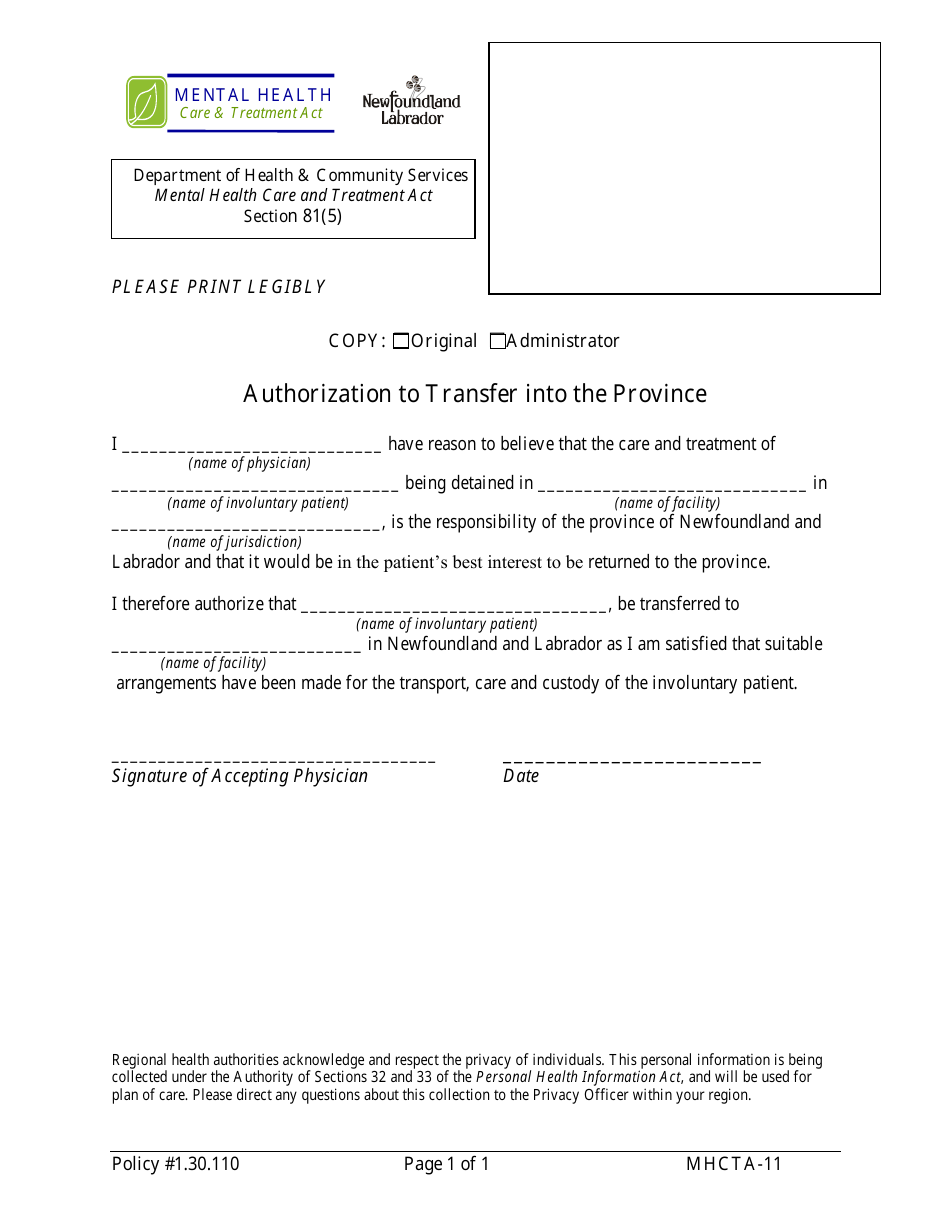 Form MHCTA-11 Authorization to Transfer Into the Province - Newfoundland and Labrador, Canada, Page 1