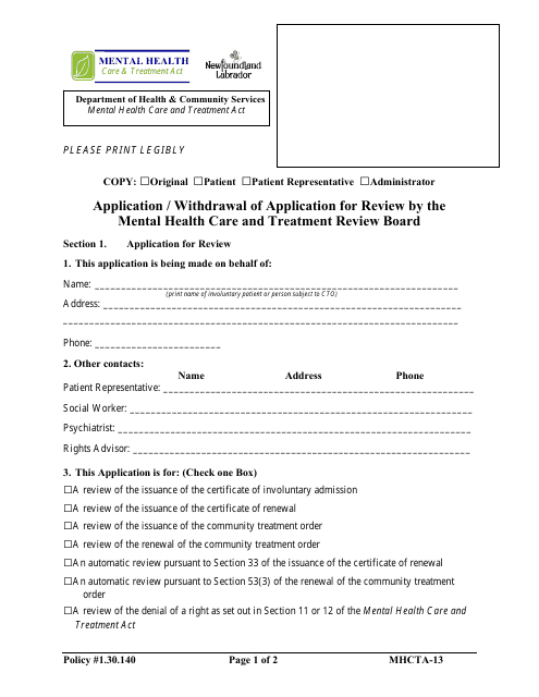 Form MHCTA-13 Application / Withdrawal of Application for Review by the Mental Health Care and Treatment Review Board - Newfoundland and Labrador, Canada