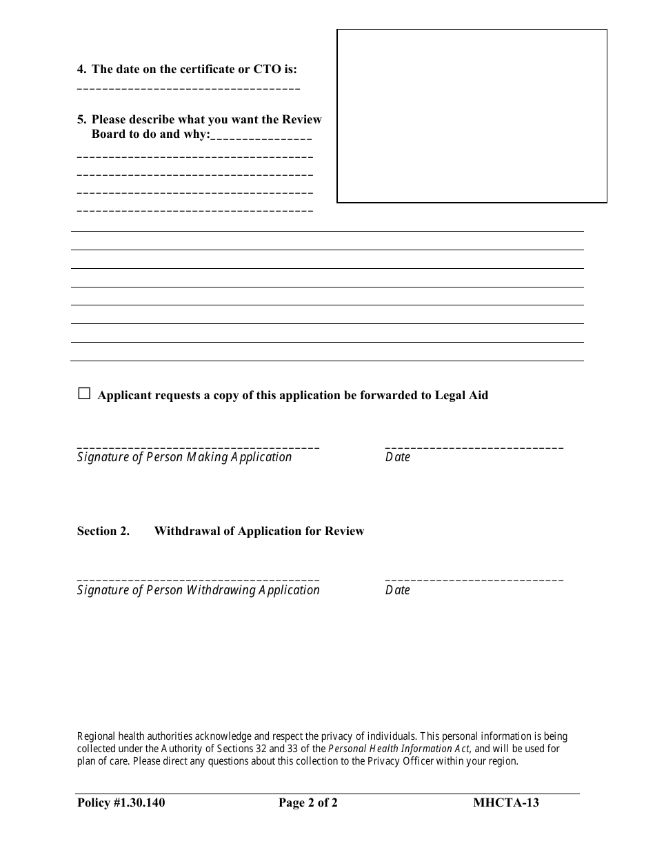 Form MHCTA-13 Application / Withdrawal of Application for Review by the Mental Health Care and Treatment Review Board - Newfoundland and Labrador, Canada, Page 2