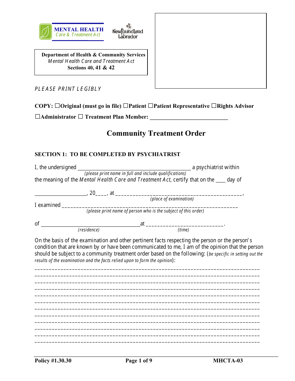 Form MHCTA-03 Community Treatment Order - Newfoundland and Labrador, Canada, Page 1