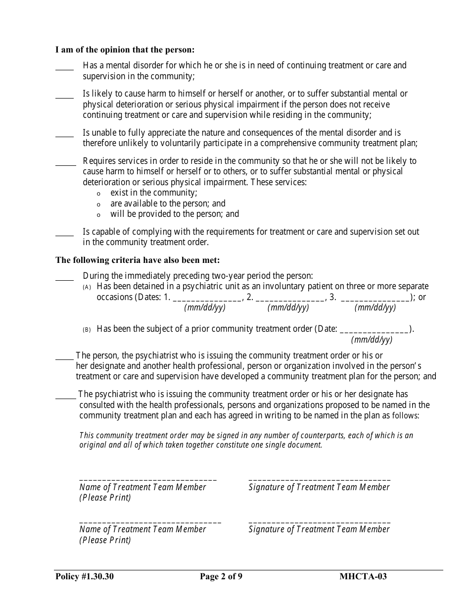 Form MHCTA-03 Community Treatment Order - Newfoundland and Labrador, Canada, Page 2
