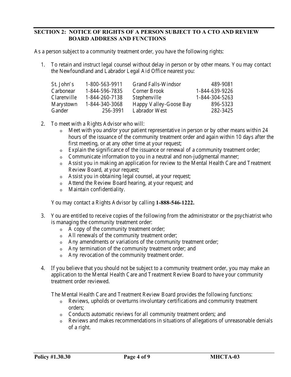 Form MHCTA-03 Community Treatment Order - Newfoundland and Labrador, Canada, Page 4