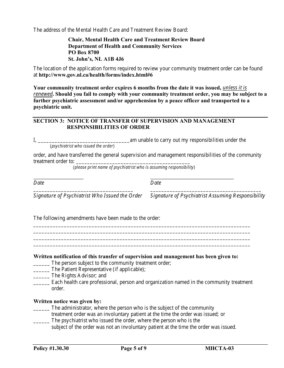 Form MHCTA-03 Community Treatment Order - Newfoundland and Labrador, Canada, Page 5