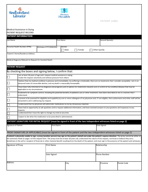 Medical Assistance in Dying Patient Request Record Western Health - Newfoundland and Labrador, Canada