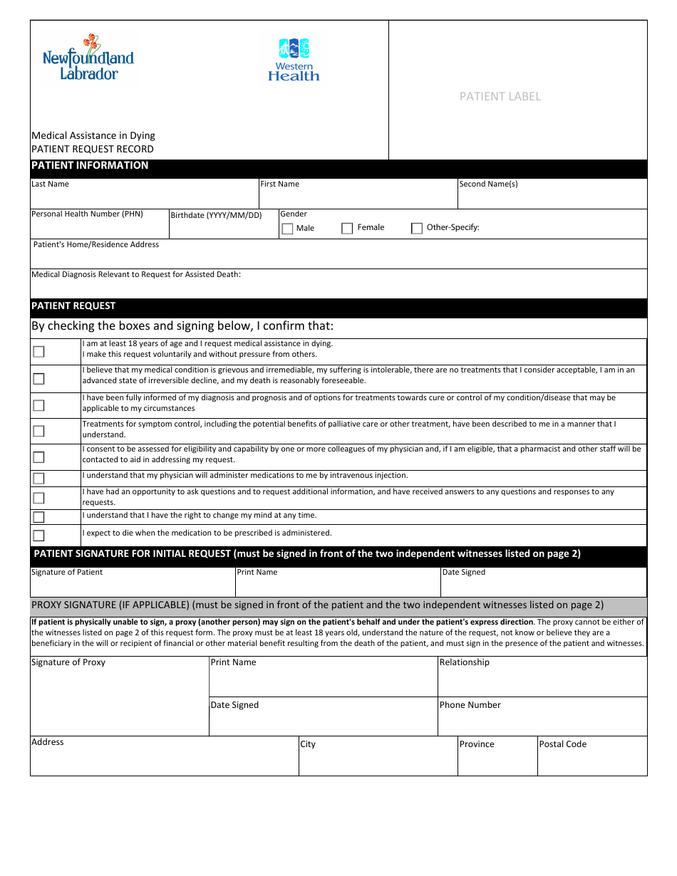 Medical Assistance in Dying Patient Request Record Western Health - Newfoundland and Labrador, Canada, Page 1
