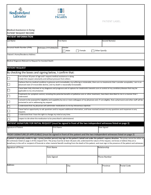 Medical Assistance in Dying Patient Request Record Central Health - Newfoundland and Labrador, Canada Download Pdf