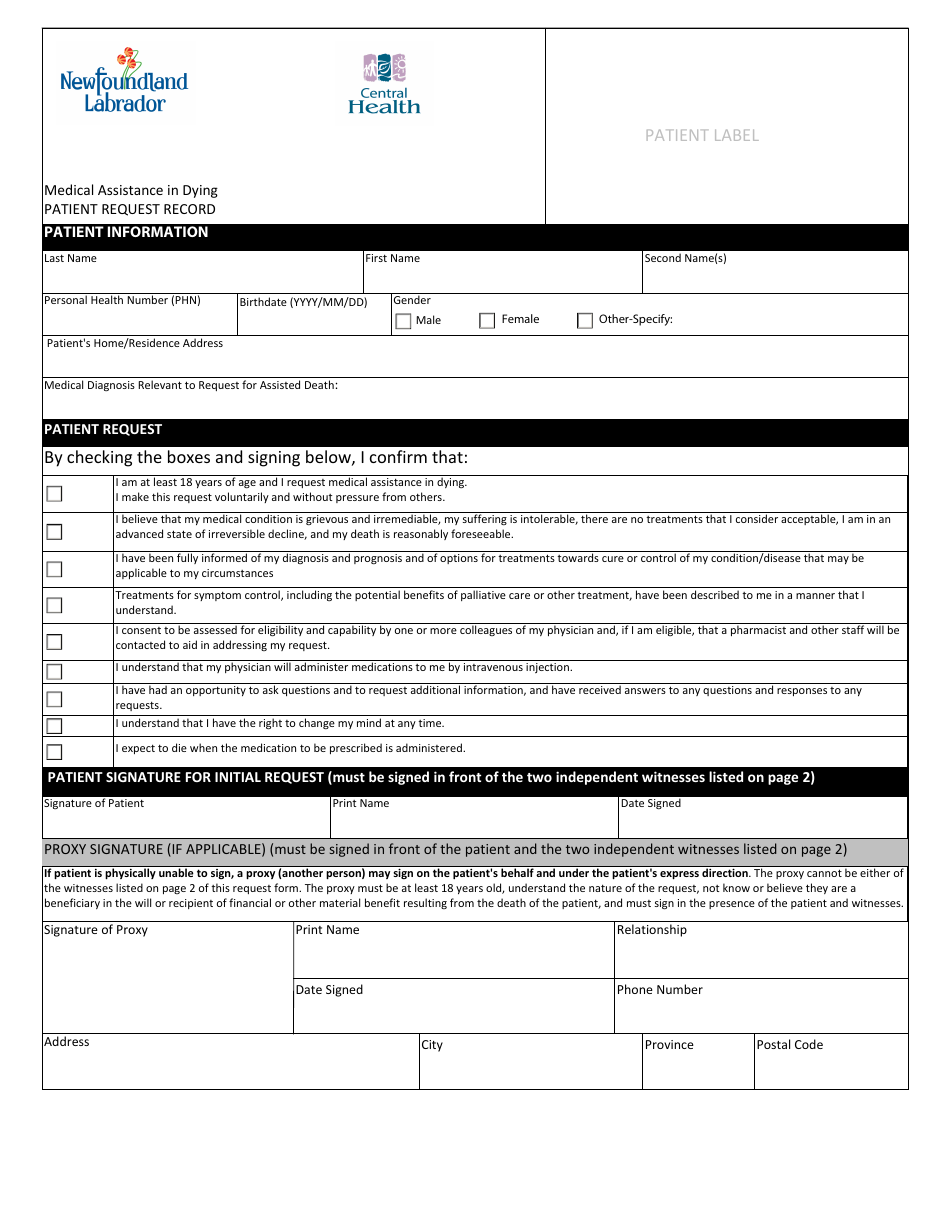 Medical Assistance in Dying Patient Request Record Central Health - Newfoundland and Labrador, Canada, Page 1