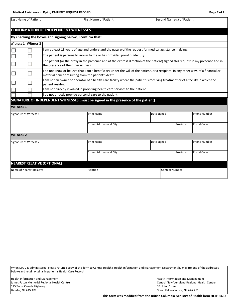 Medical Assistance in Dying Patient Request Record Central Health - Newfoundland and Labrador, Canada, Page 2